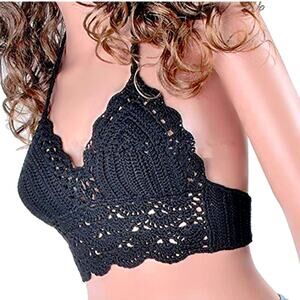 Crochet Top Bralette Size Medium Handmade Boho Knit Bra Bikini Crop Black
